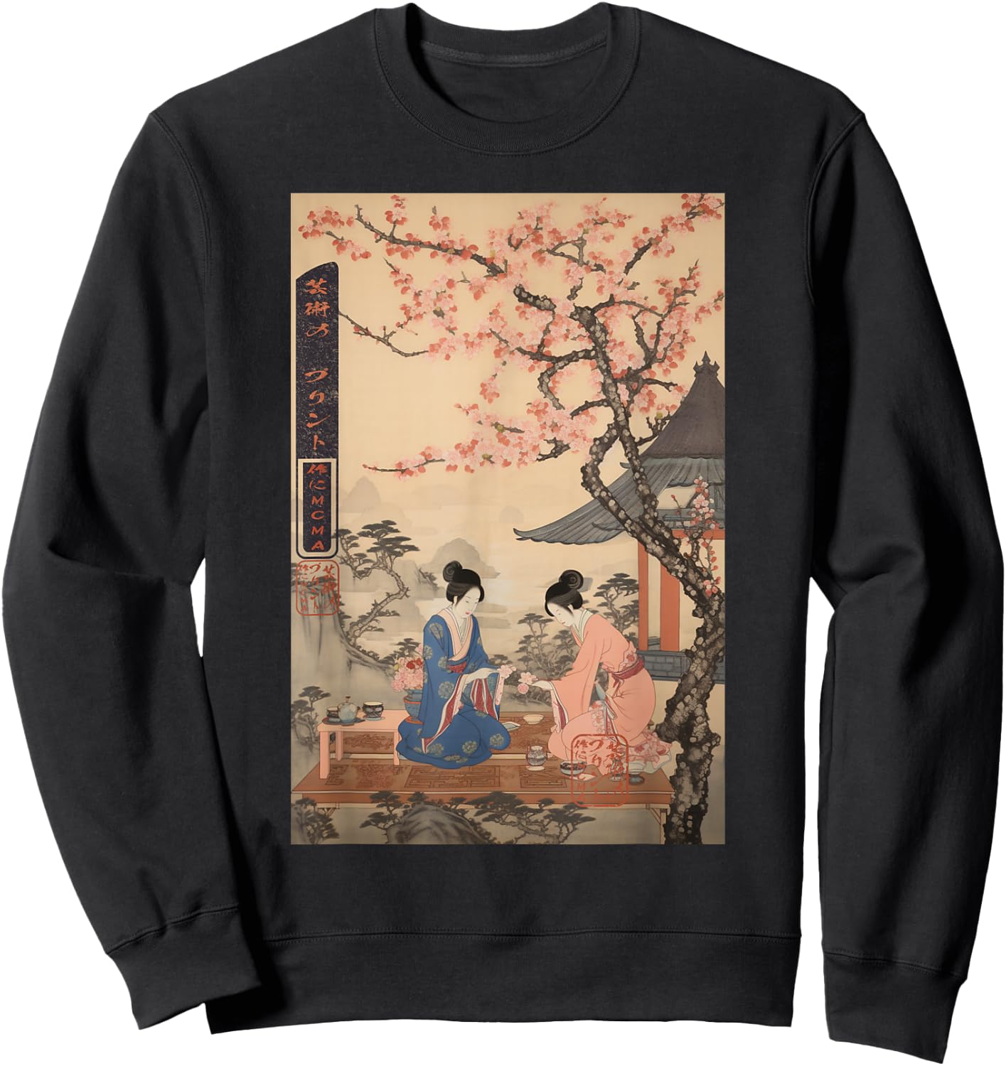 Ukiyo-e Twin Geishas under Sakura Japanese Sweatshirt - Sweatshirt | Black