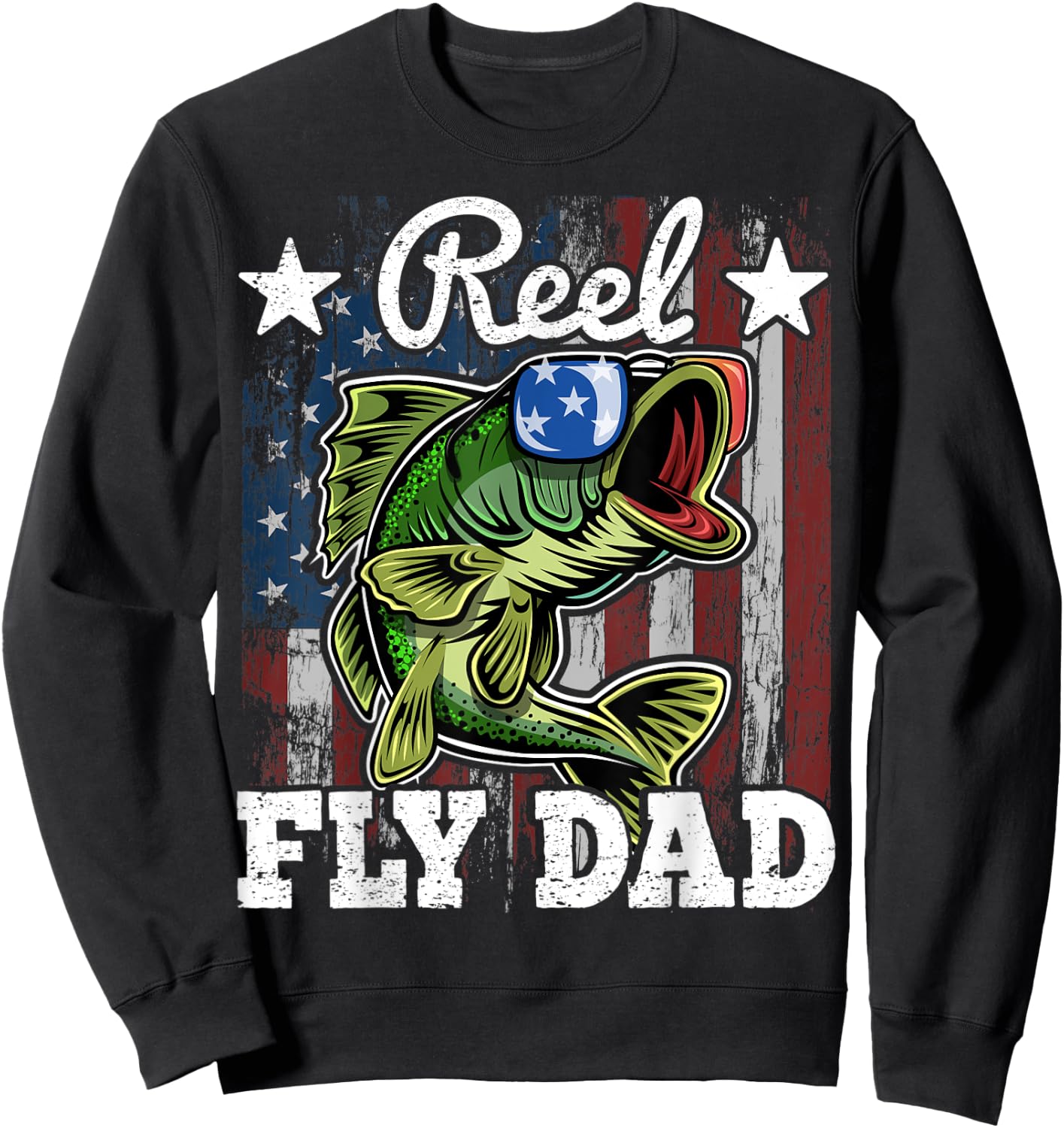 Reel Fly Dad Fishing American Flag Funny Father's Day Gift Men Sweatshirt - Sweatshirt | Black