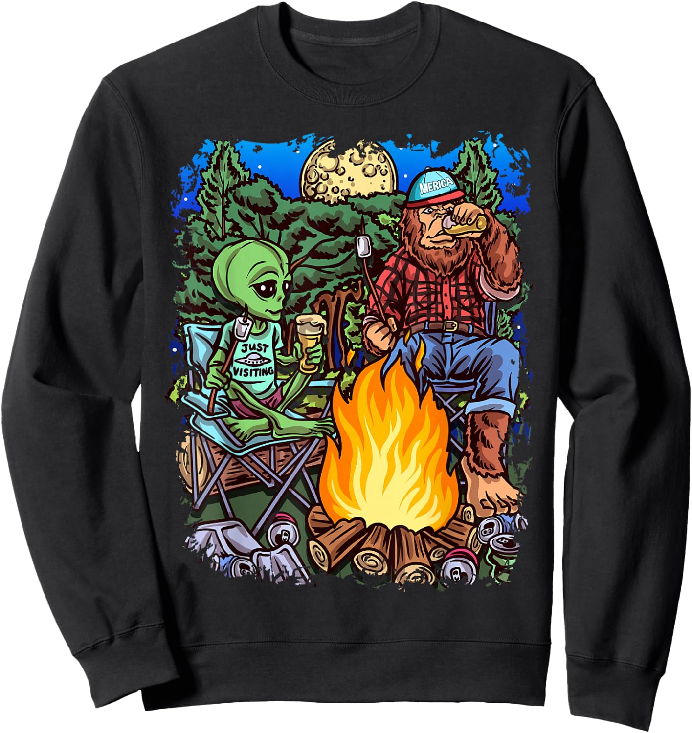 Funny Alien Camping Bigfoot Sasquatch Lumberjack Black Cotton Polyester , Men's Small, Short Sleeve, , Classic Fit, All Seasons, Imported Sweatshirt - Sweatshirt | Black