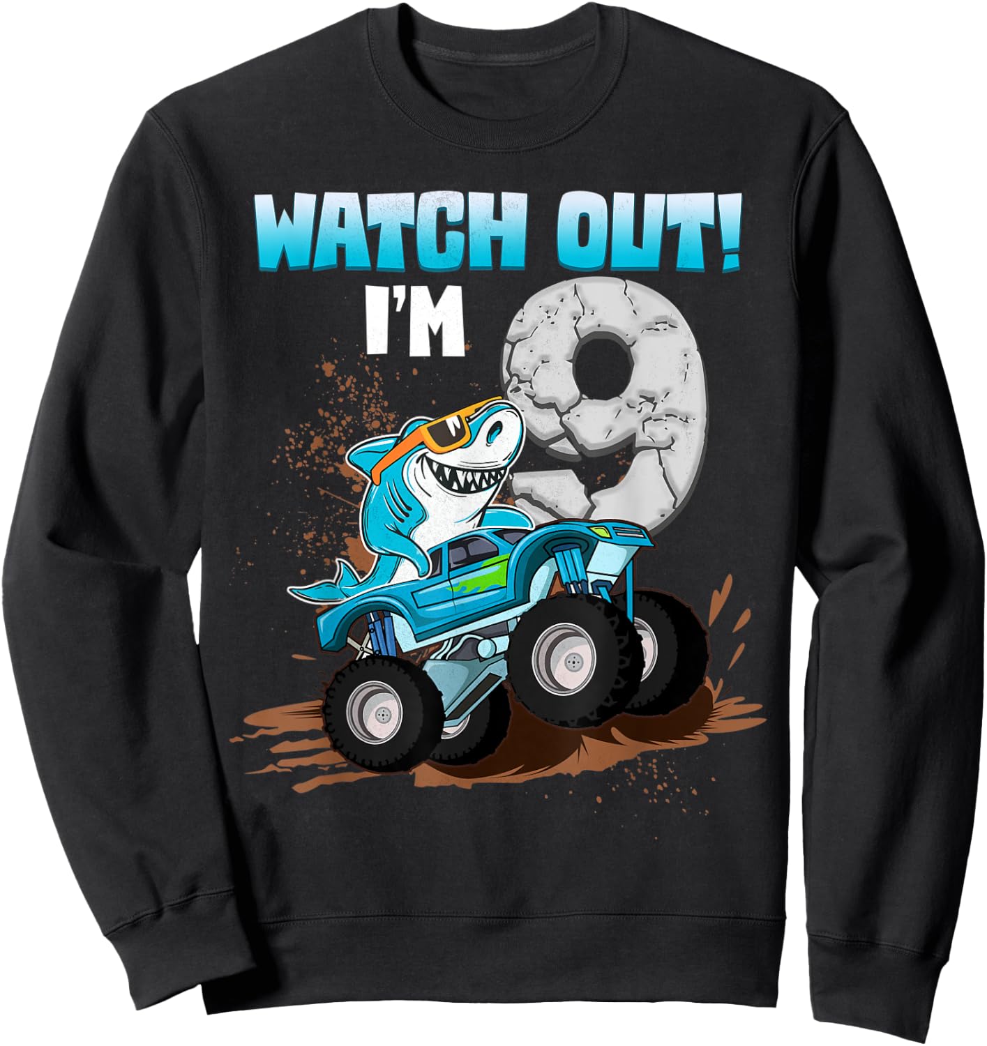 9 Years Old 9th Birthday Shark Boy Girl Monster Truck Gamer Sweatshirt - Sweatshirt | Black