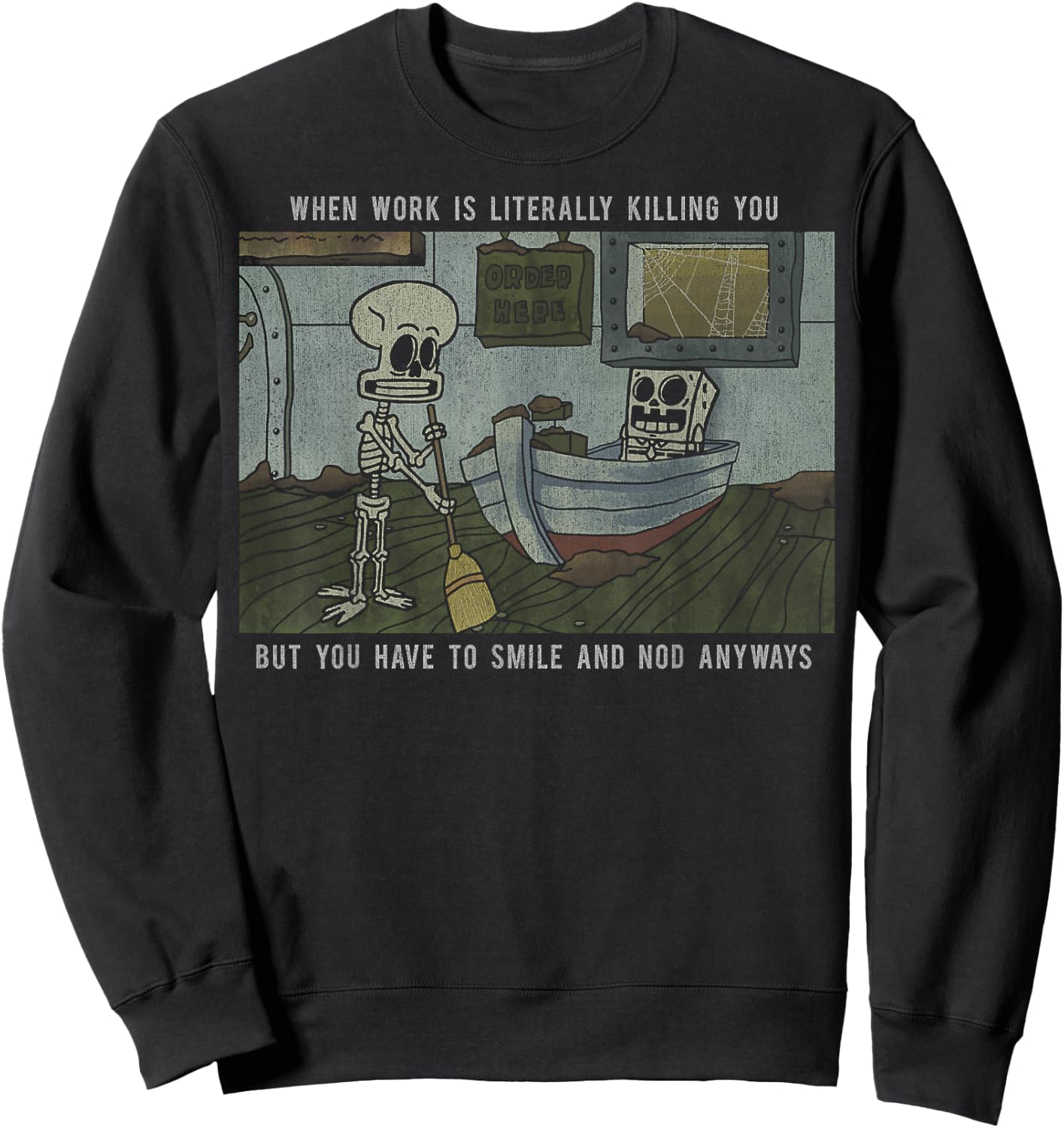 SpongeBob SquarePants Skeleton Meme Poster Sweatshirt - Sweatshirt | Black