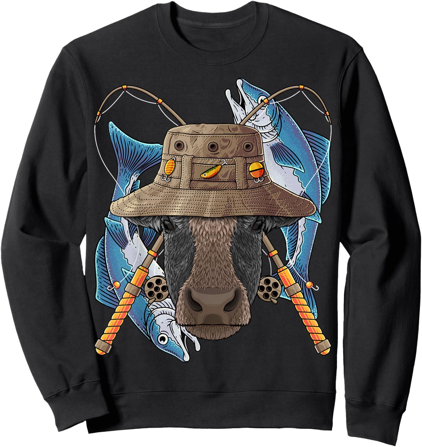 Fishing Cow Outdoor Fisherman Farm Animal Cute Fly Fishing Sweatshirt - Sweatshirt | Black