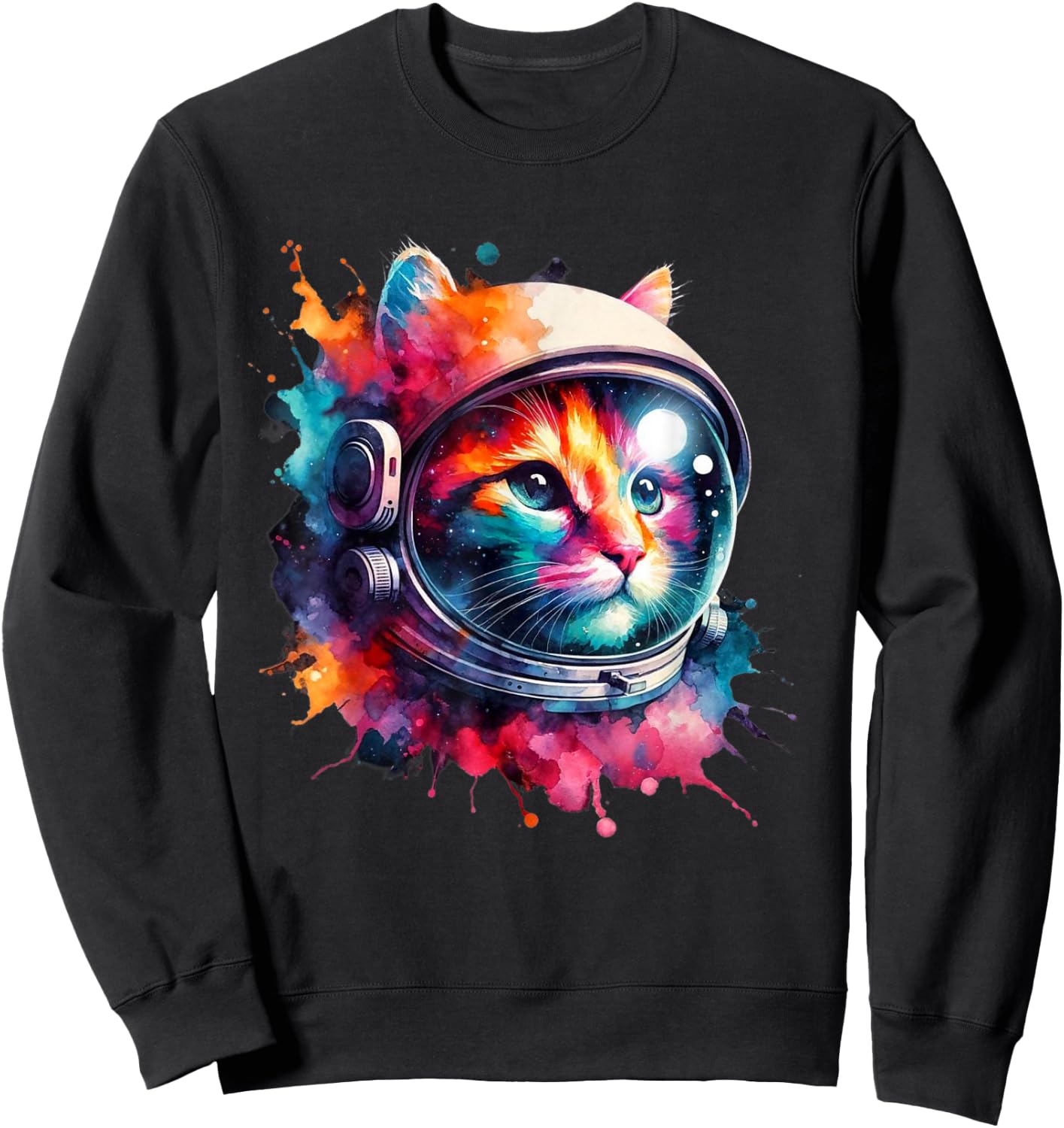 Funny Cat Astronaut Outer Space Watercolor Splash Cat Lover Sweatshirt - Sweatshirt | Black