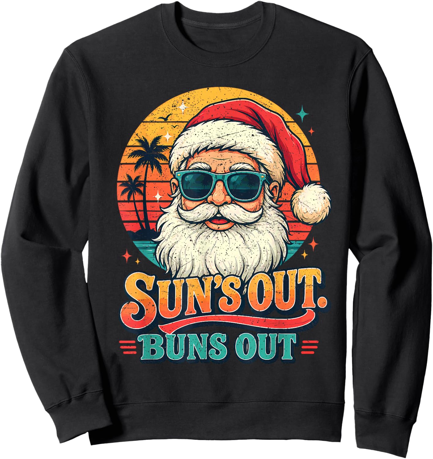 Christmas in July Suns Out Buns Out Vintage Beach Santa Sweatshirt - Sweatshirt | Black