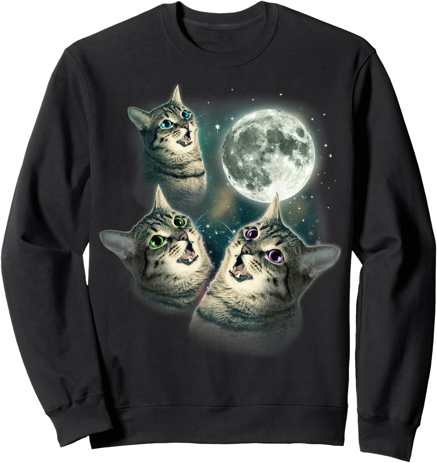 Funny Cat Shirt | Three Cat Moon 3 Wolfs Cute Kitten Graphic Sweatshirt - Sweatshirt | Black
