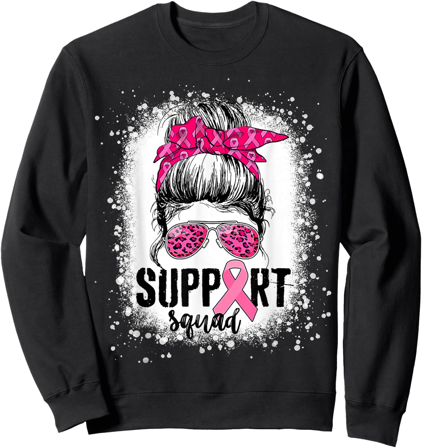 Support Squad Messy Bun Pink Warrior Breast Cancer Awareness Sweatshirt - Sweatshirt | Black
