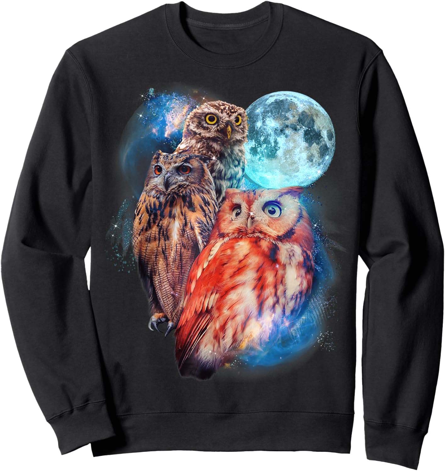 3 Moon Owl Funny Nocturnal Birds Of Prey Graphic Art Humor Sweatshirt - Sweatshirt | Black