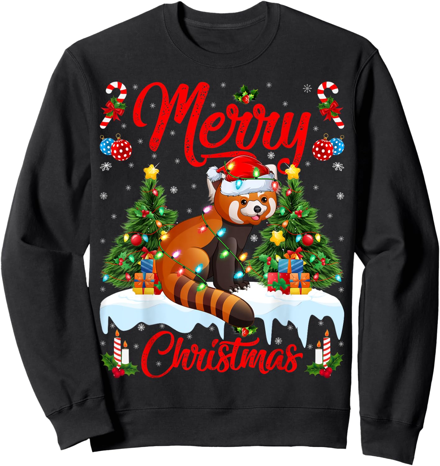 Red Panda Lover Xmas Lighting Santa Hat Red Panda Christmas Sweatshirt - Sweatshirt | Black