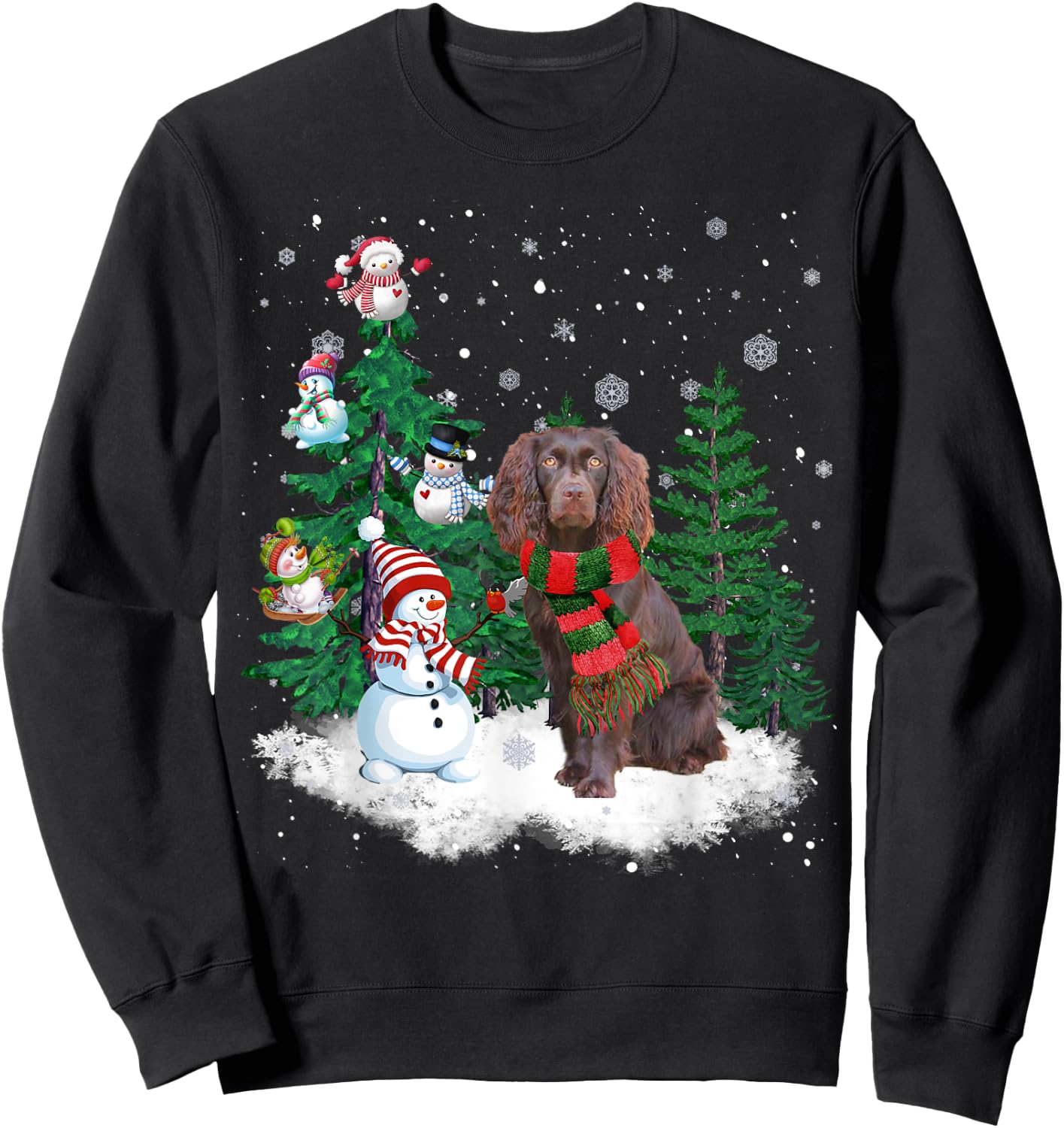 Boykin Spaniel Dog Christmas Snowman Xmas Tree Pajama Sweatshirt - Sweatshirt | Black