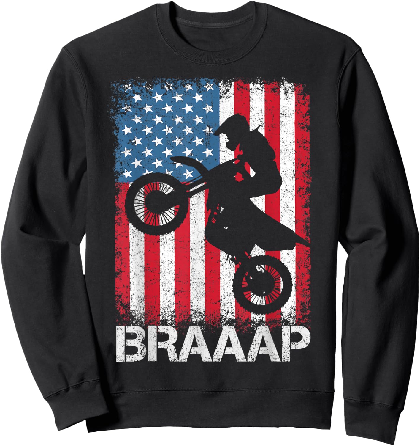 Braaap Vintage USA American Flag Motocross Dirt Bike Sweatshirt - Sweatshirt | Black