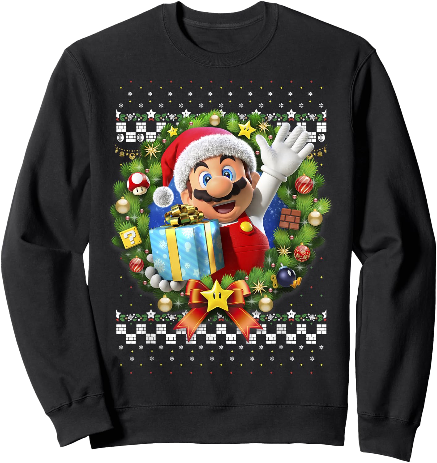 Super Mario Christmas Ugly Sweater Mario Present Sweatshirt - Sweatshirt | Black
