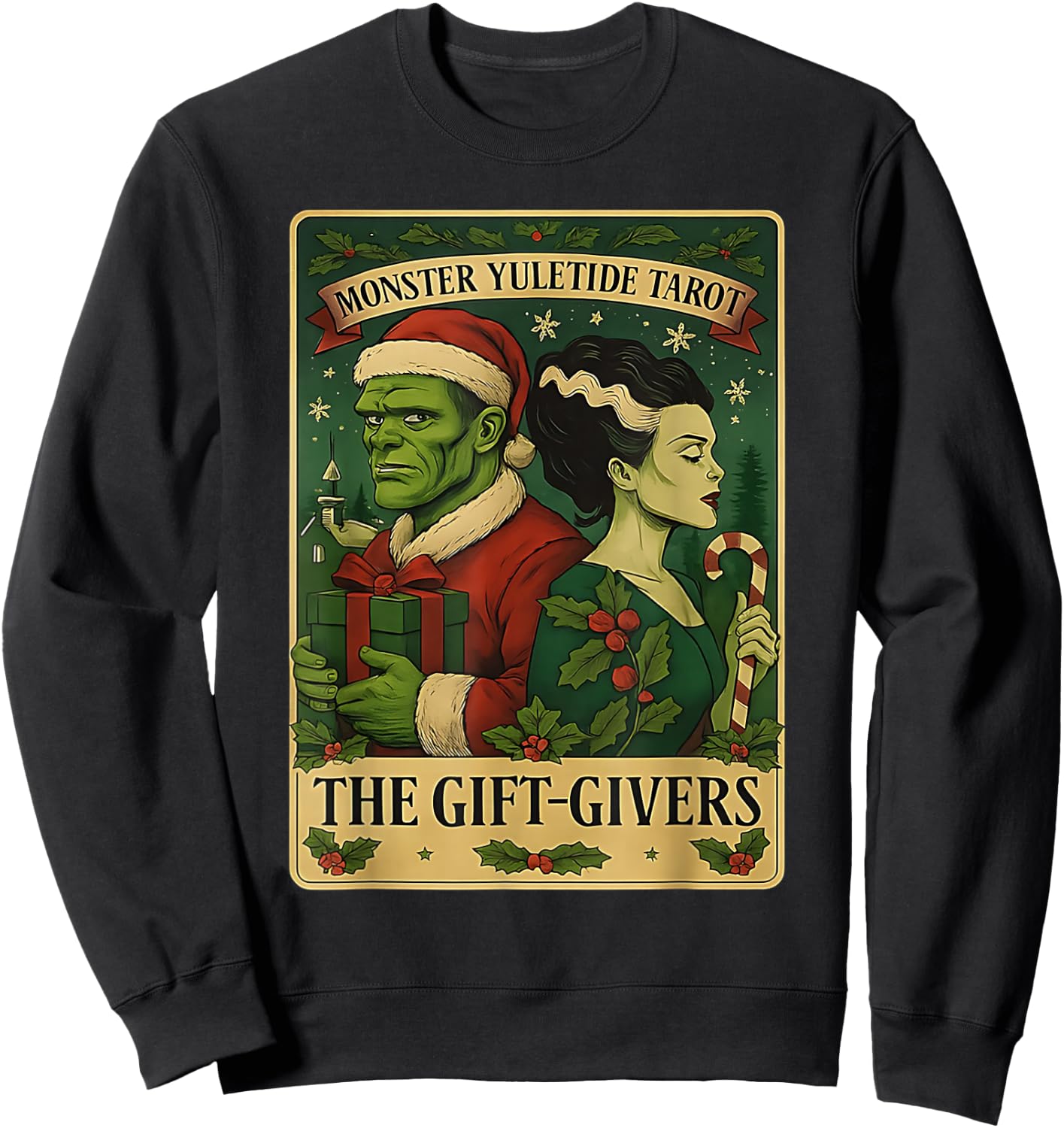 Christmas Frankenstein and Bride The Lovers Tarot Card Sweatshirt - Sweatshirt | Black