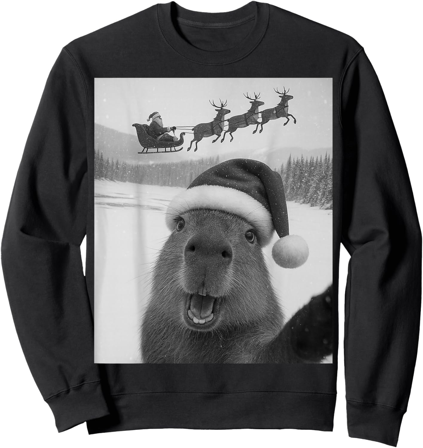 Capybara Selfie with Santa Funny Christmas Kids Sweatshirt - Sweatshirt | Black