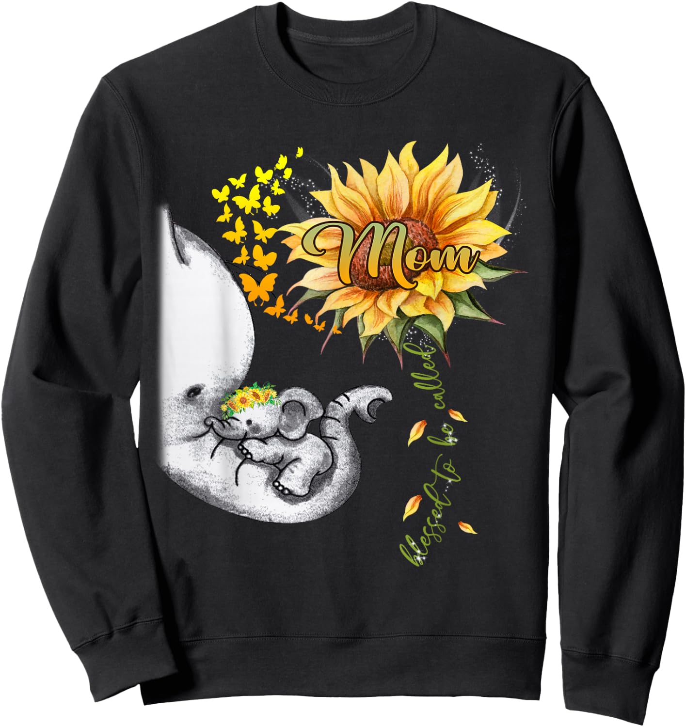 Blessed To Be Called Mom Sunflower Elephant Mother's Day Sweatshirt - Sweatshirt | Black