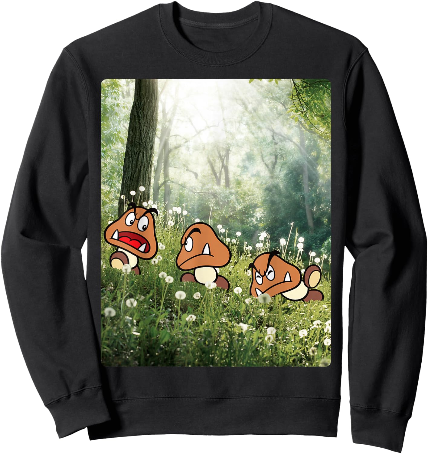 Super Mario Goomba In The Forest Group Shot Portrait Sweatshirt - Sweatshirt | Black