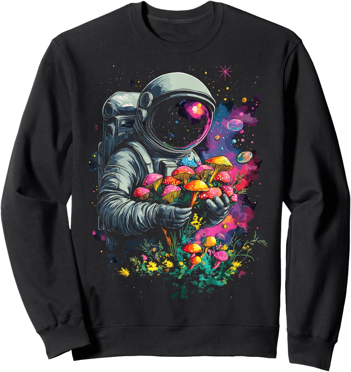Trippy EDM Mushroom Astronaut Psychedelic Sweatshirt - Sweatshirt | Black