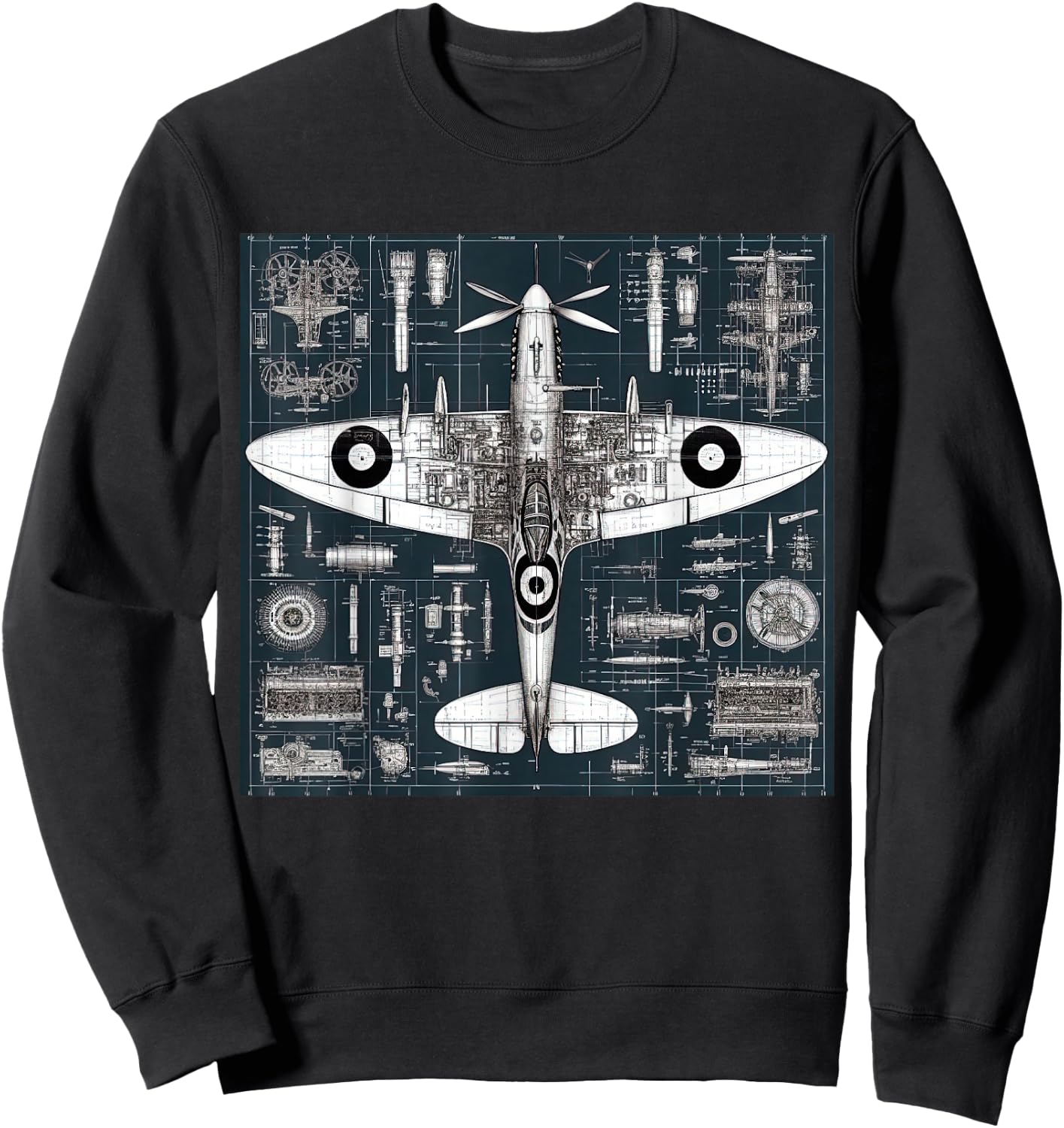 WW2 Warplane Spitfire Anatomy Assembly Parts Blueprint Sweatshirt - Sweatshirt | Black