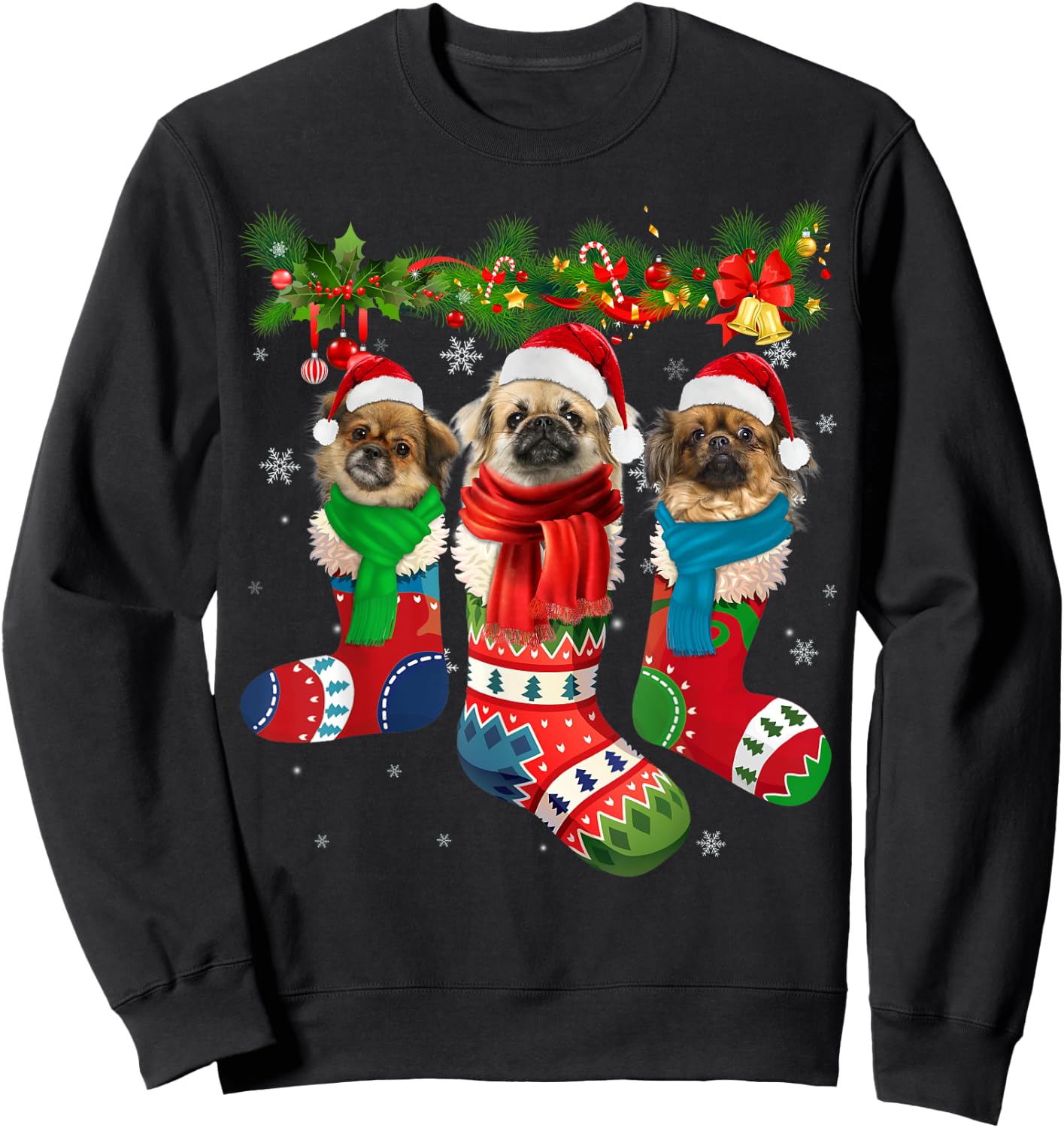 Three Tibetan spaniels In Christmas Socks Sweatshirt - Sweatshirt | Black