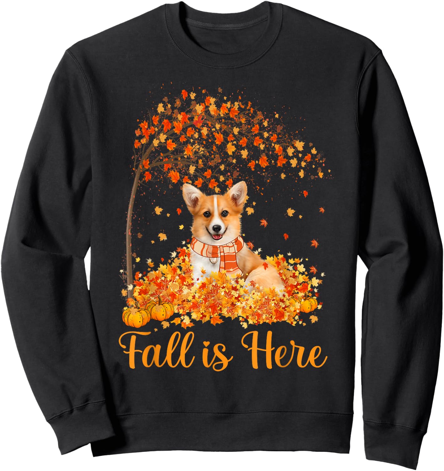 Fall Is Here Corgi Jumping On Autumn Leaf Pumpkin Dog Lovers Sweatshirt - Sweatshirt | Black