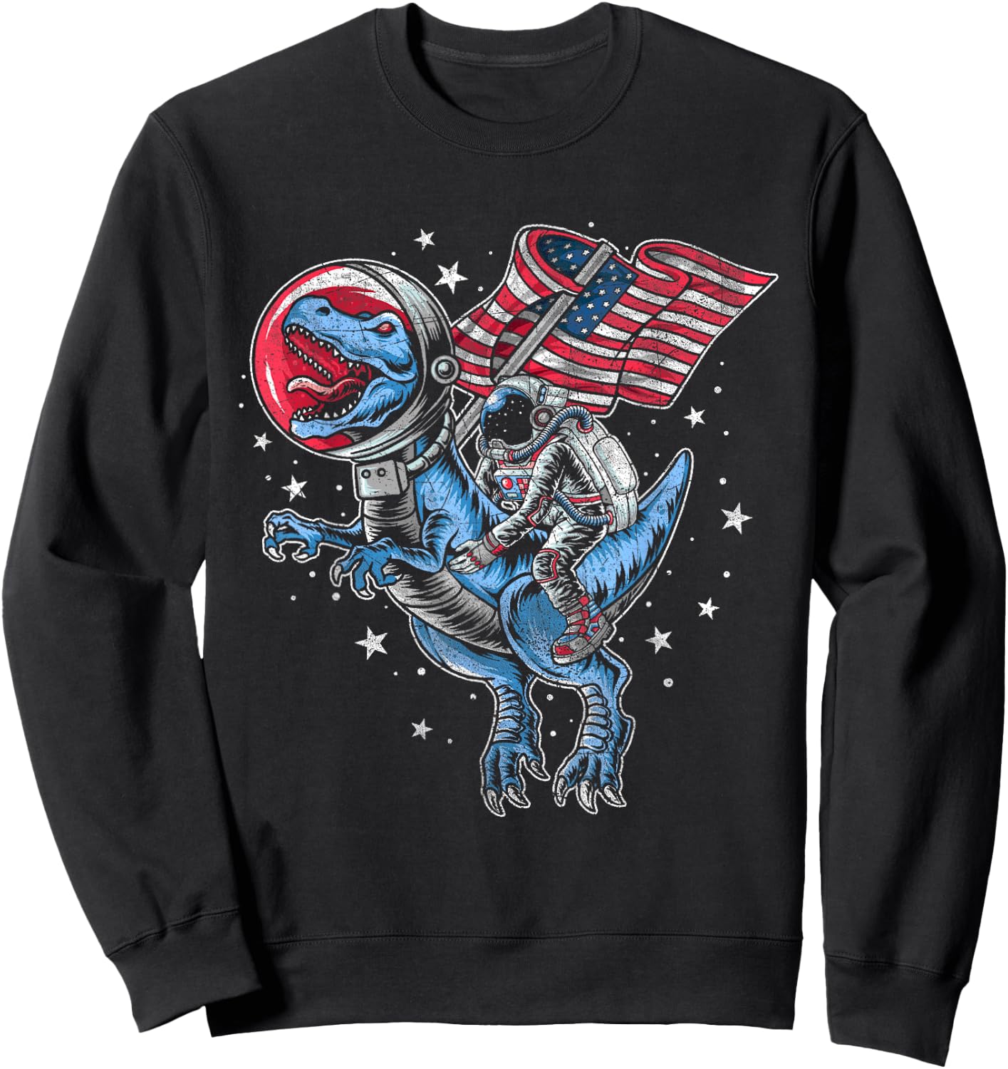 American Flag Astronaut Dinosaur Red White Blue 4th of July Sweatshirt - Sweatshirt | Black