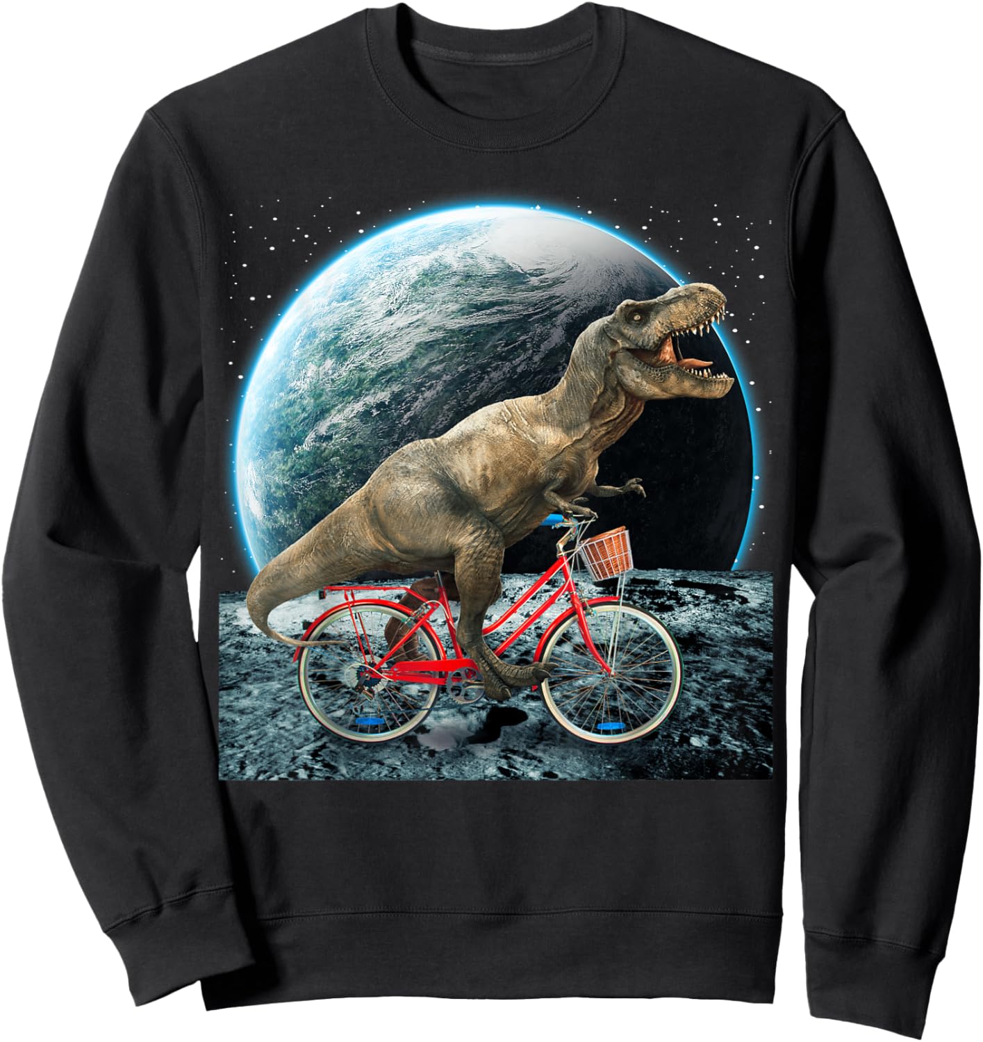 Dinosaur Trex In Space Riding Bike On Moon Funny Dino Lover Sweatshirt - Sweatshirt | Black