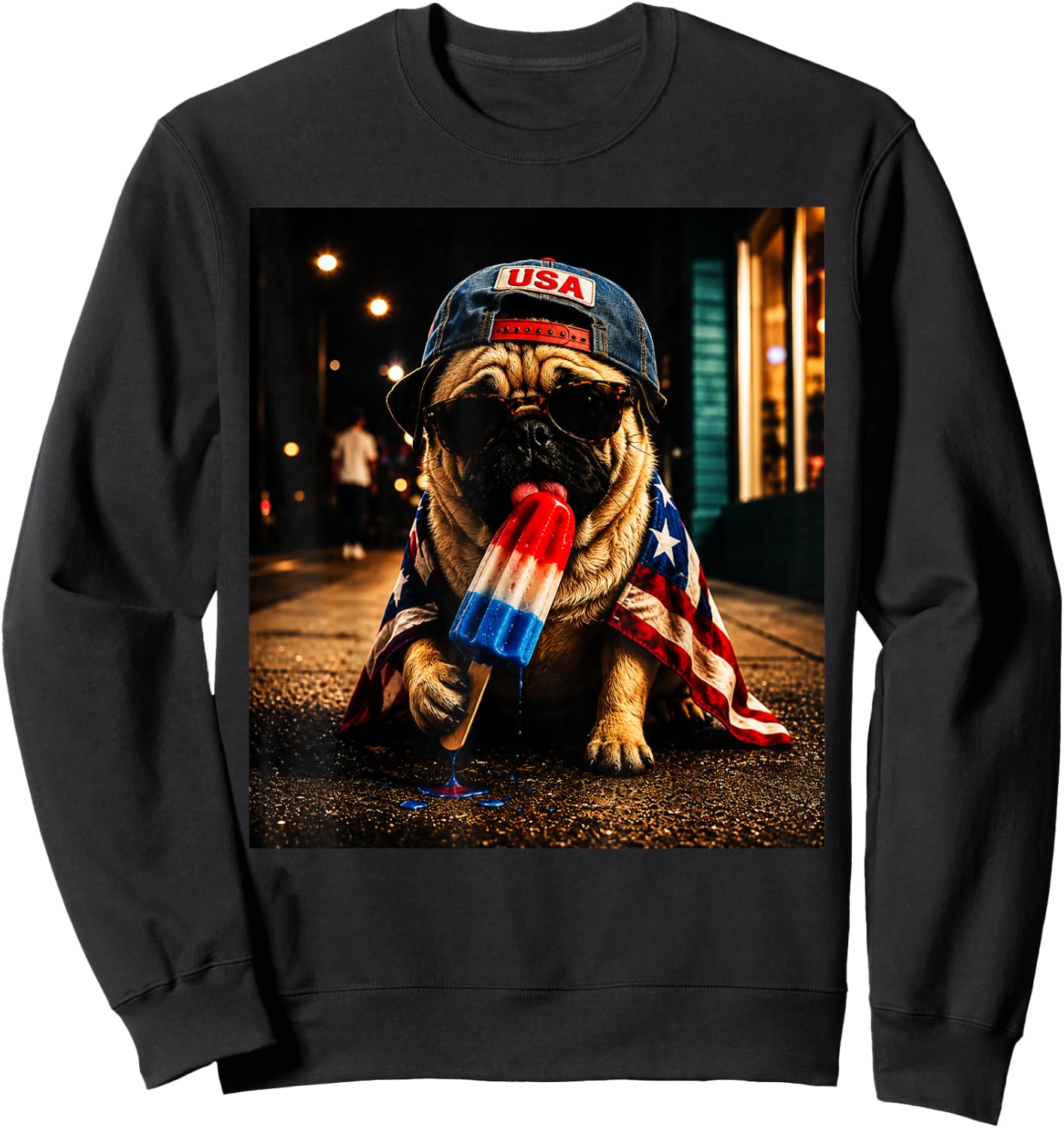 Patriotic Pug Dog with American Flag and Popsicle Art Sweatshirt - Sweatshirt | Black