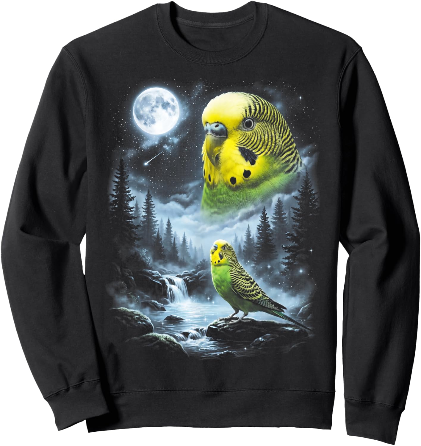 Budgie Parakeet Howling at Moon 90's Retro Bird Sweatshirt - Sweatshirt | Black