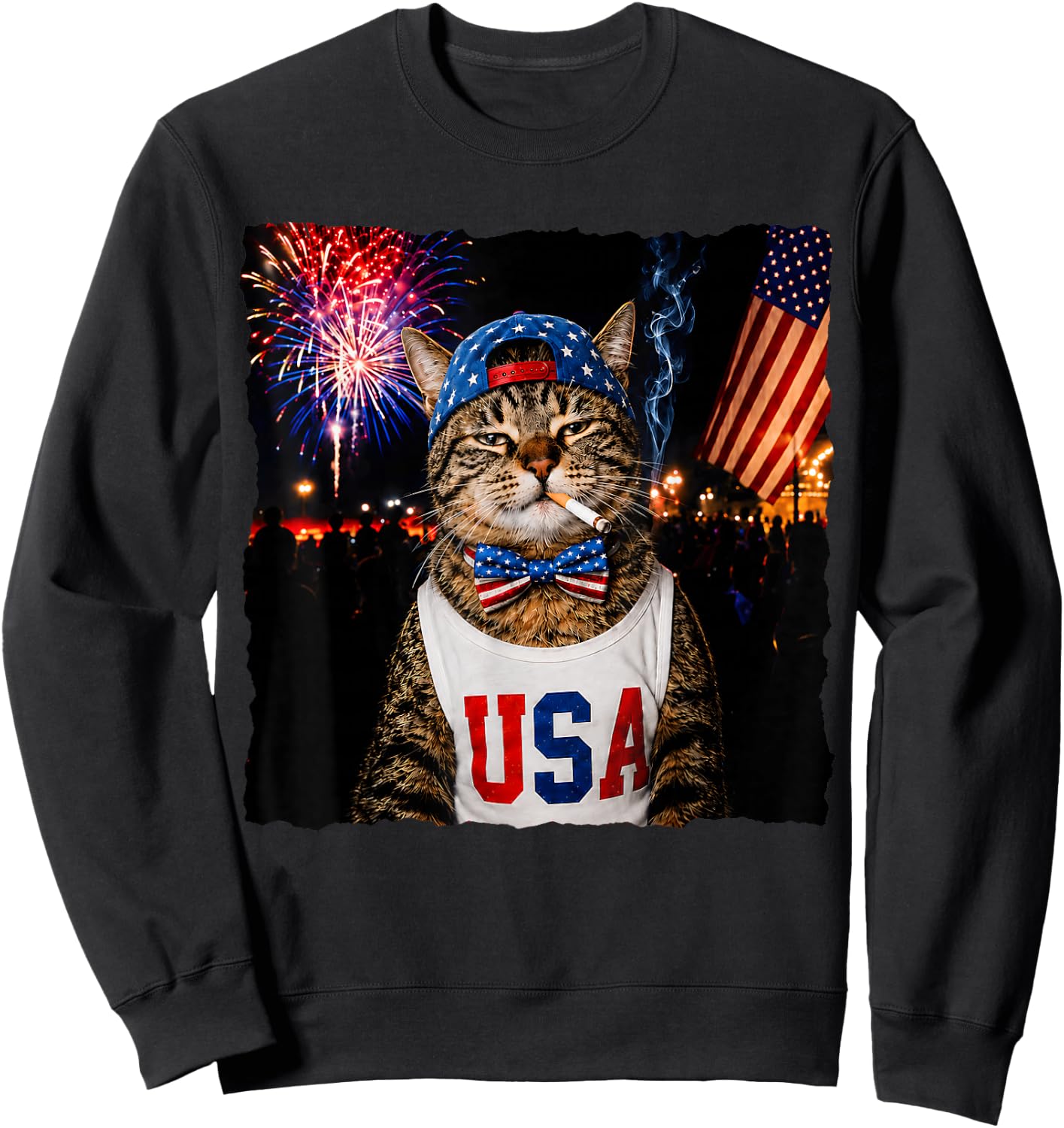 Patriotic Smoking Cat Funny 4th of July USA Flag Cat Lover Sweatshirt - Sweatshirt | Black