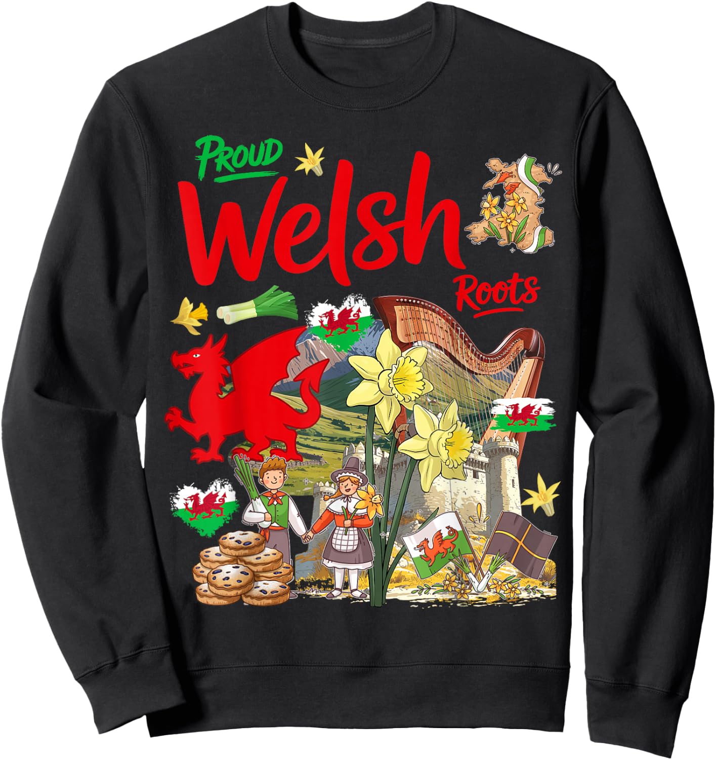 Welsh Roots Idea for Kids Wales Culture Theme with Daffodils Sweatshirt - Sweatshirt | Black