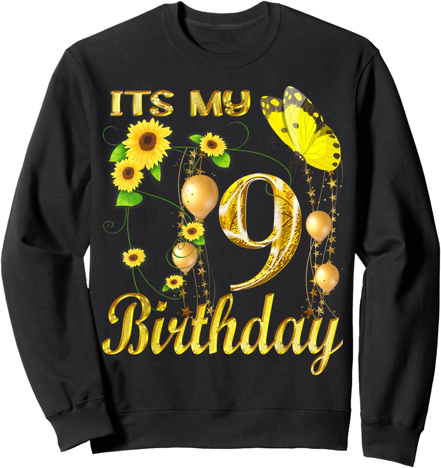Its My 9th Birthday 9 Year Old Girl Sunflower Butterfly Sweatshirt - Sweatshirt | Black