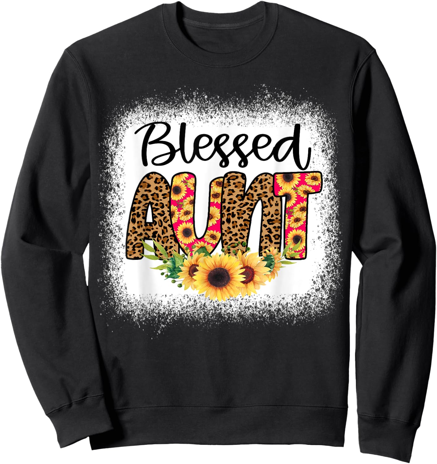 Blessed Aunt Women Bleached Cheetah Print Sunflowers Auntie Sweatshirt - Sweatshirt | Black