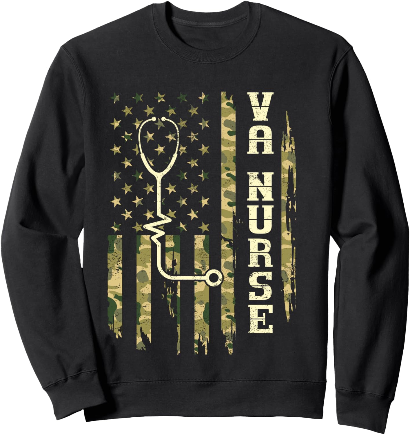 VA Nurse Camouflage American Flag Patriotic Medical Worker Sweatshirt - Sweatshirt | Black