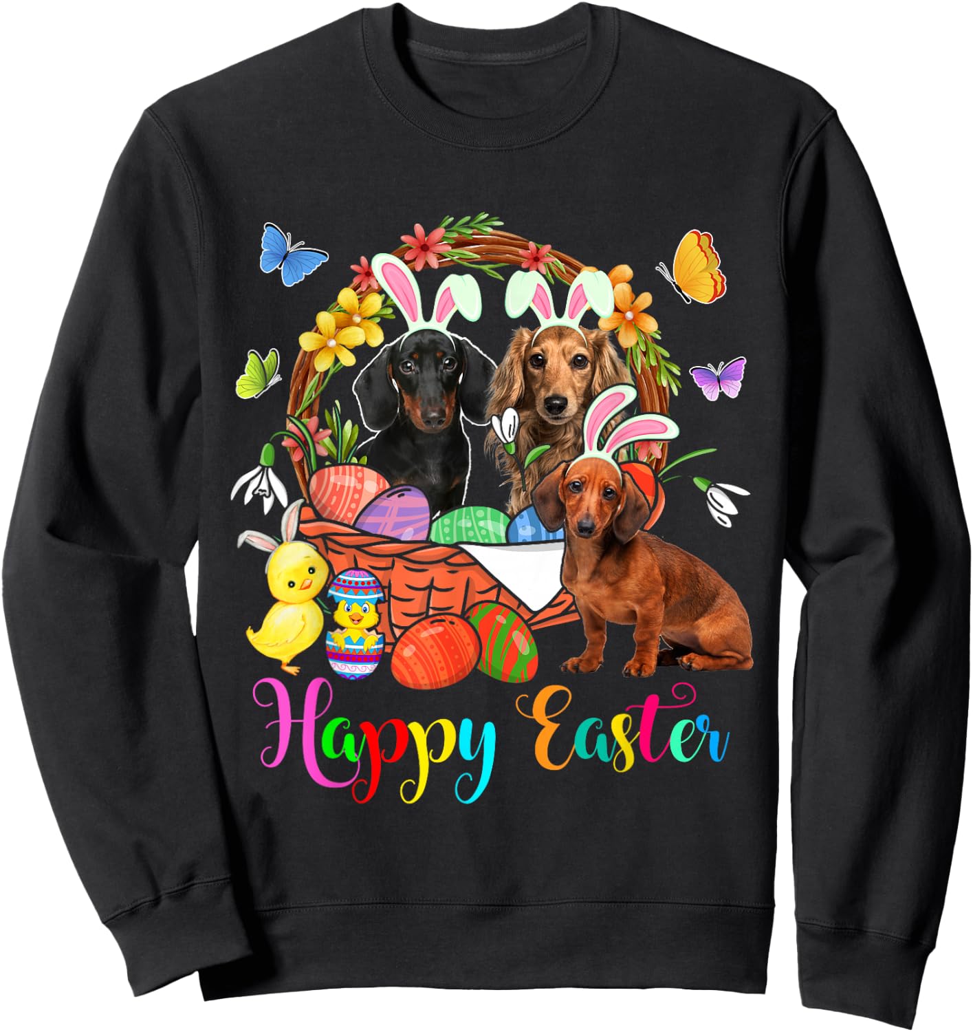 Three Bunny Dachshund Dogs In Easter Eggs Basket Sweatshirt - Sweatshirt | Black