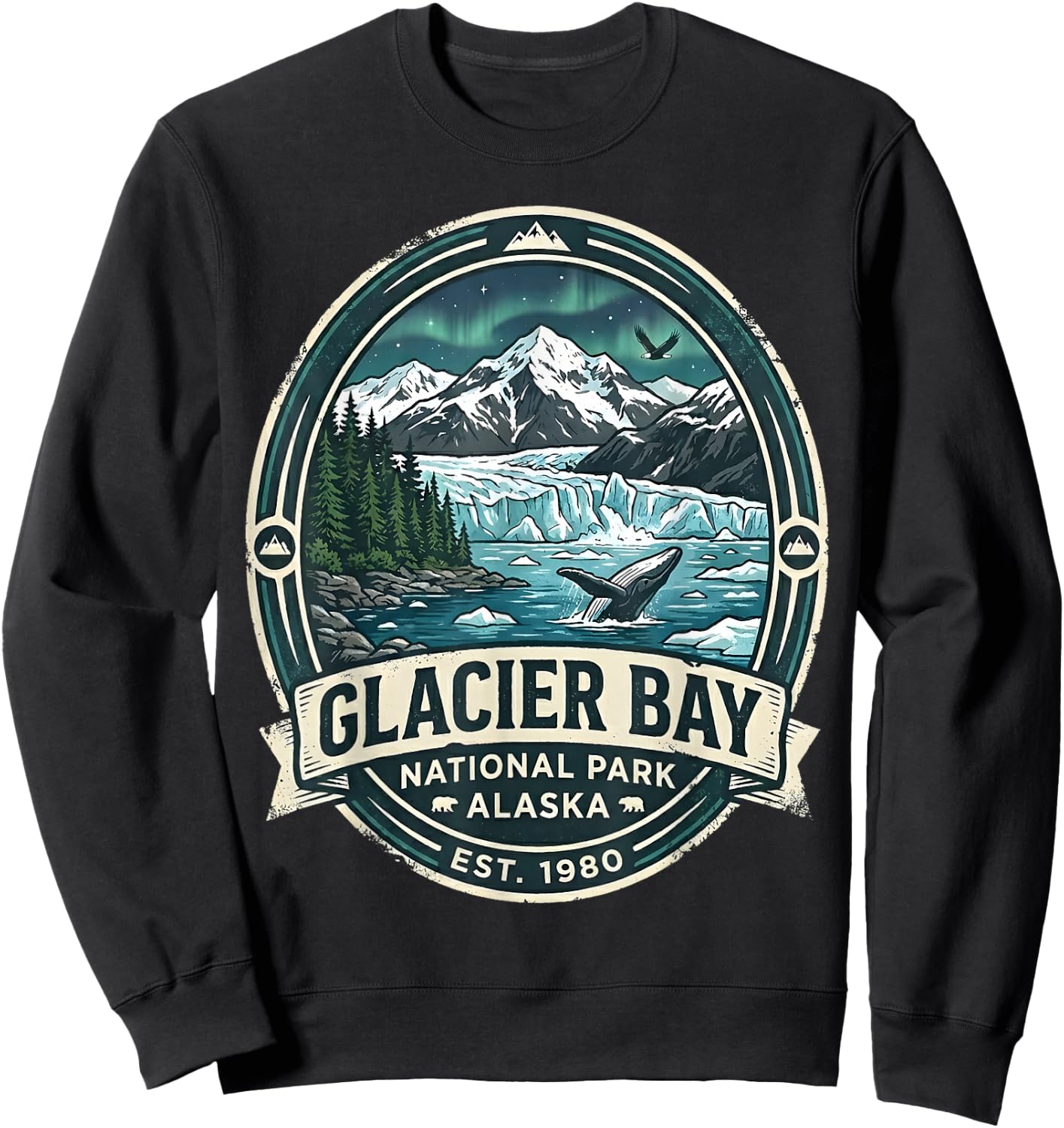 Glacier Bay National Park Alaska Vintage Whale & Mountains Sweatshirt - Sweatshirt | Black