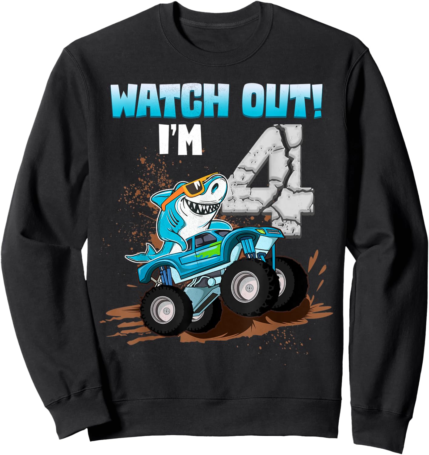 4 Years Old 4th Birthday Shark Boy Girl Monster Truck Gamer Sweatshirt - Sweatshirt | Black