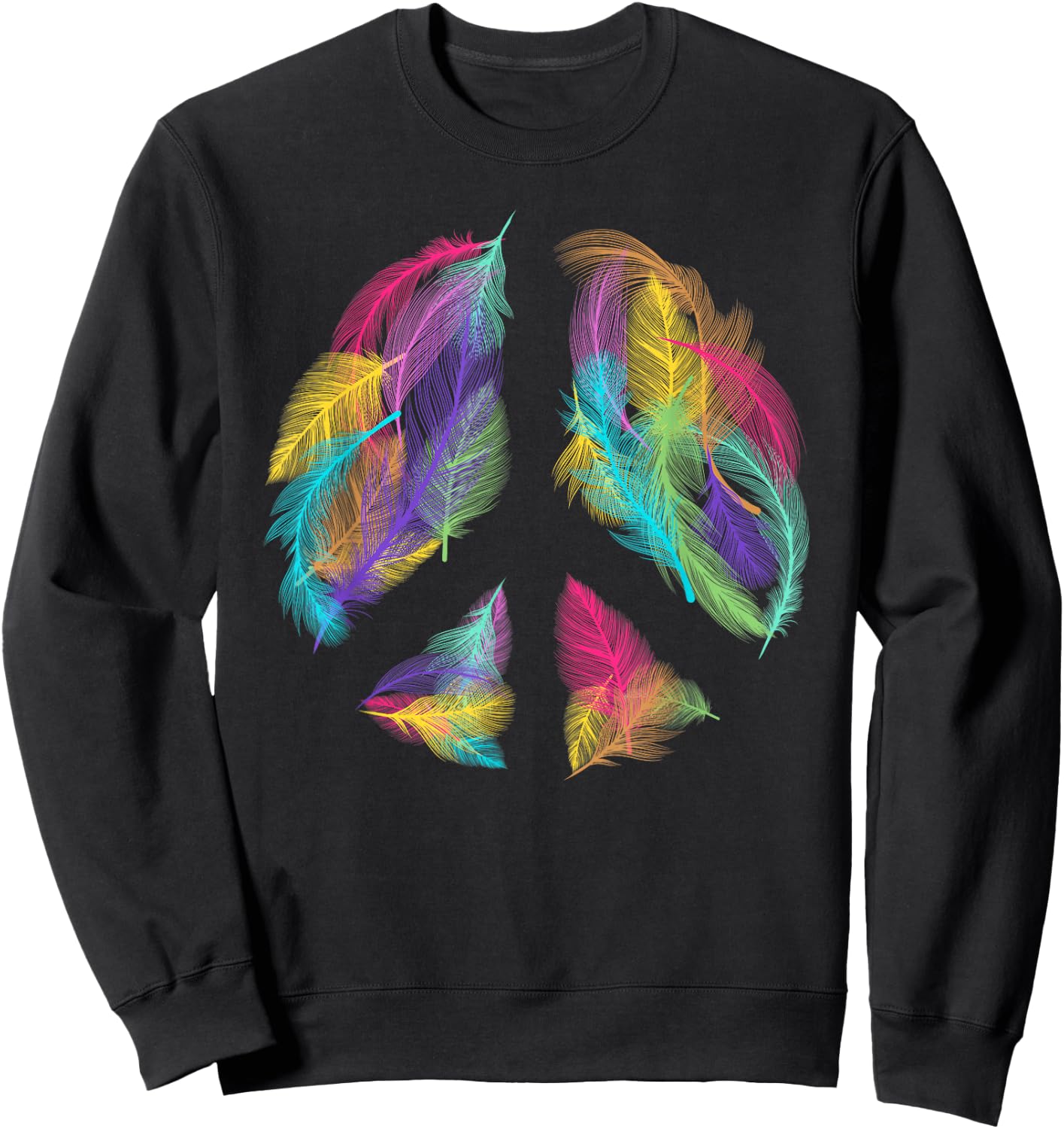 Peace Sign Colorful Feathers Hippie Peace Symbol Retro Sweatshirt - Sweatshirt | Black