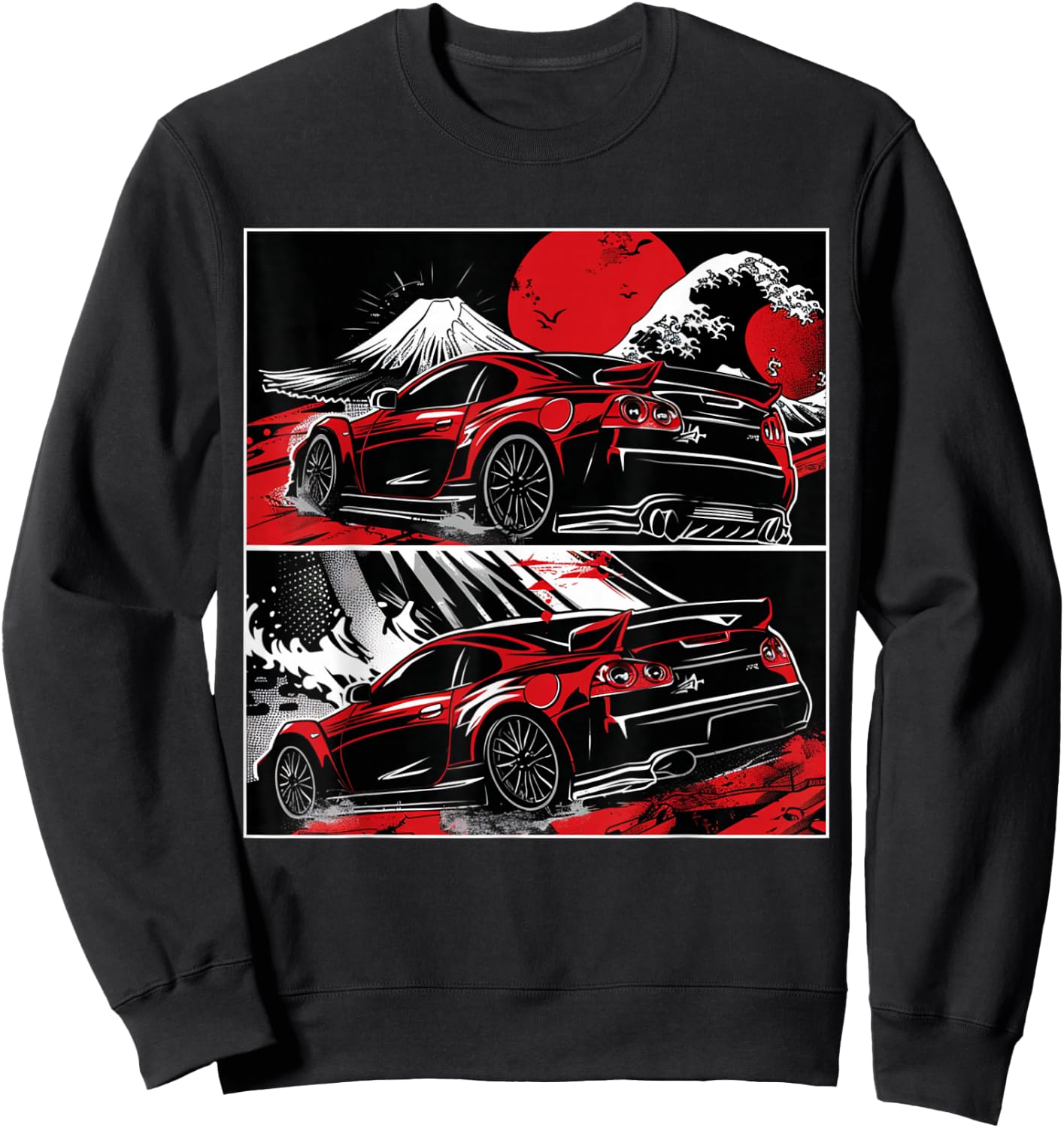 Japanese JDM Race Car Comic Style Great Wave Graphic Sweatshirt - Sweatshirt | Black
