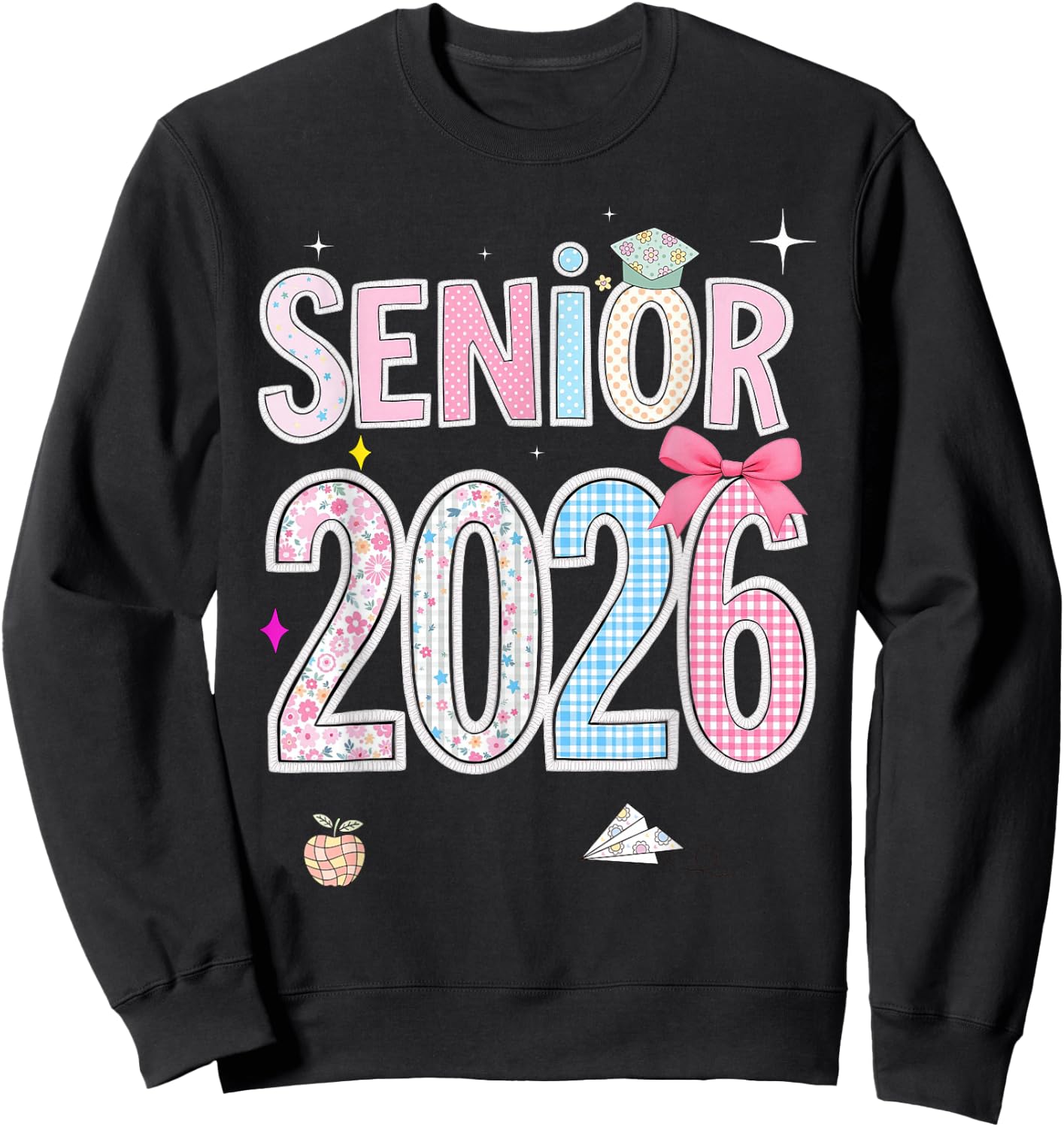 Back To School Senior 2026 Pastel Floral Graduation Bow Cap Sweatshirt - Sweatshirt | Black