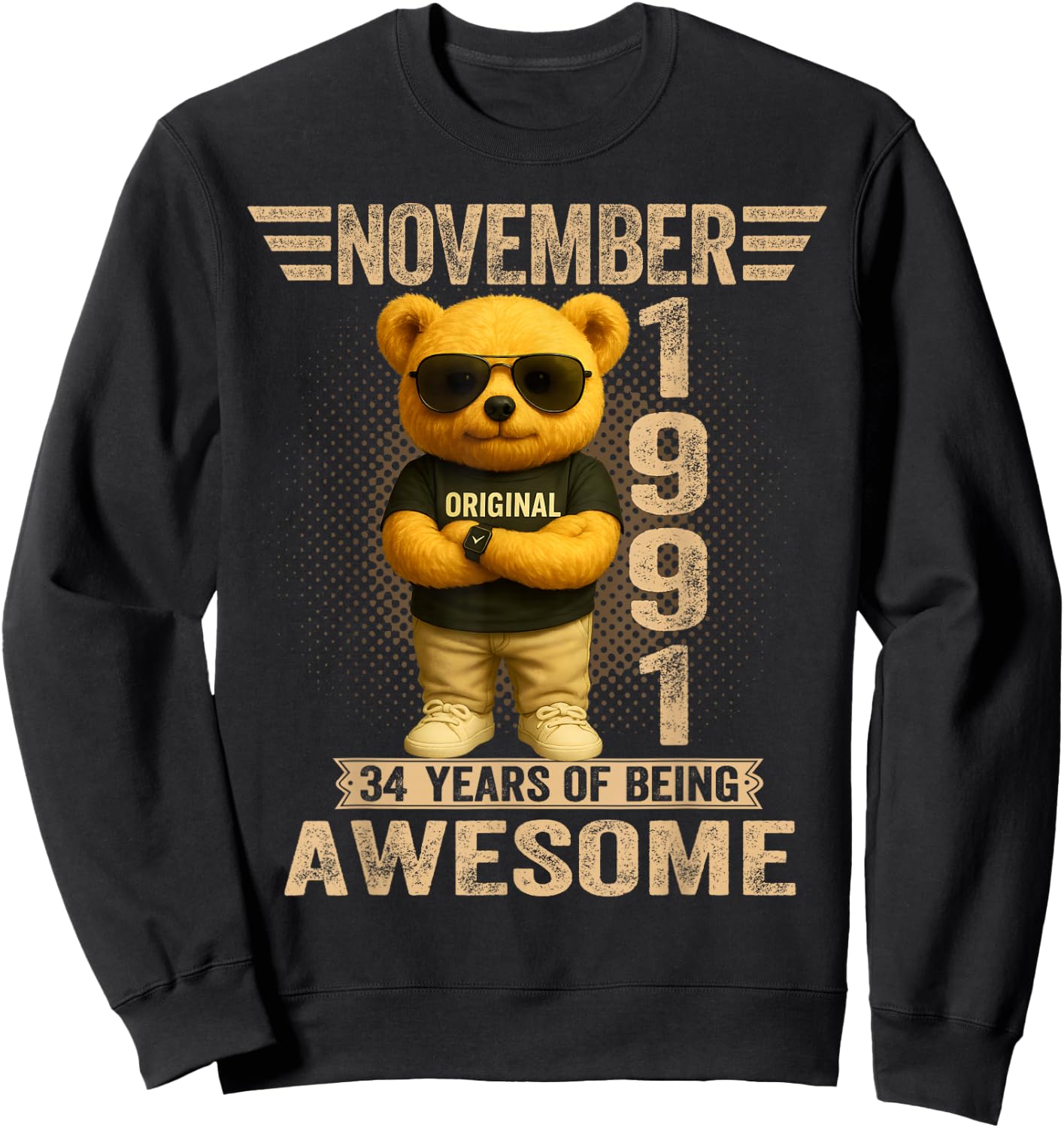 34 Year Old November 1991 Teddy Bear 34th Birthday Men Women Sweatshirt - Sweatshirt | Black