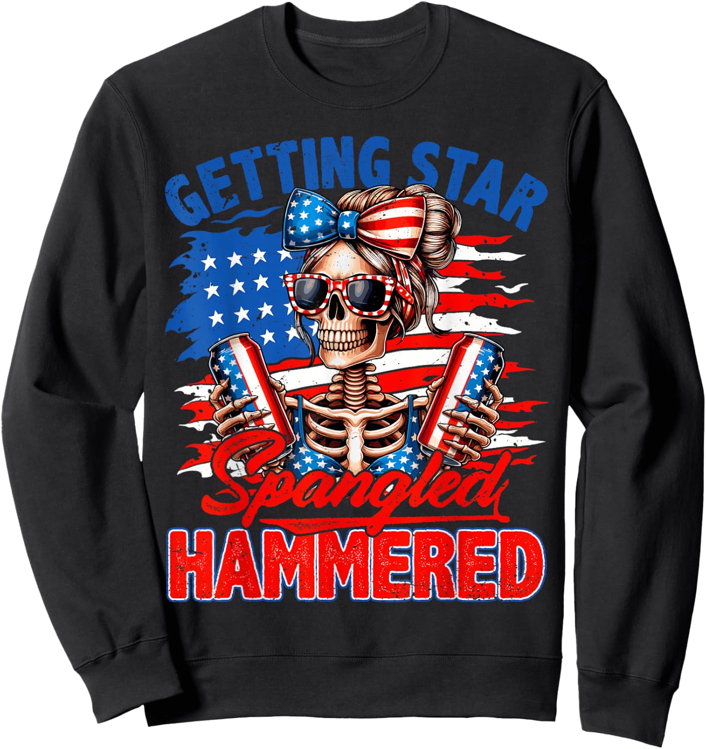 Getting Star Spangled Hammered 4th Of July Messy Bun Women Sweatshirt - Sweatshirt | Black