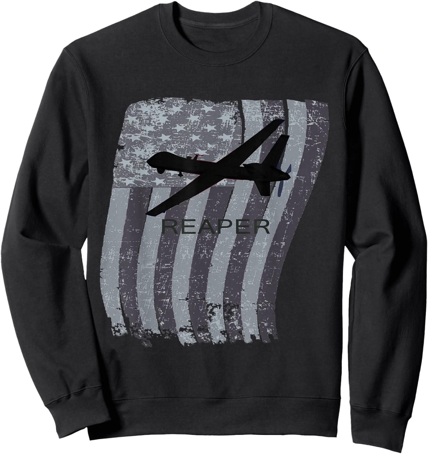 MQ-9 Reaper Drone Plane Distressed US Flag Sweatshirt - Sweatshirt | Black