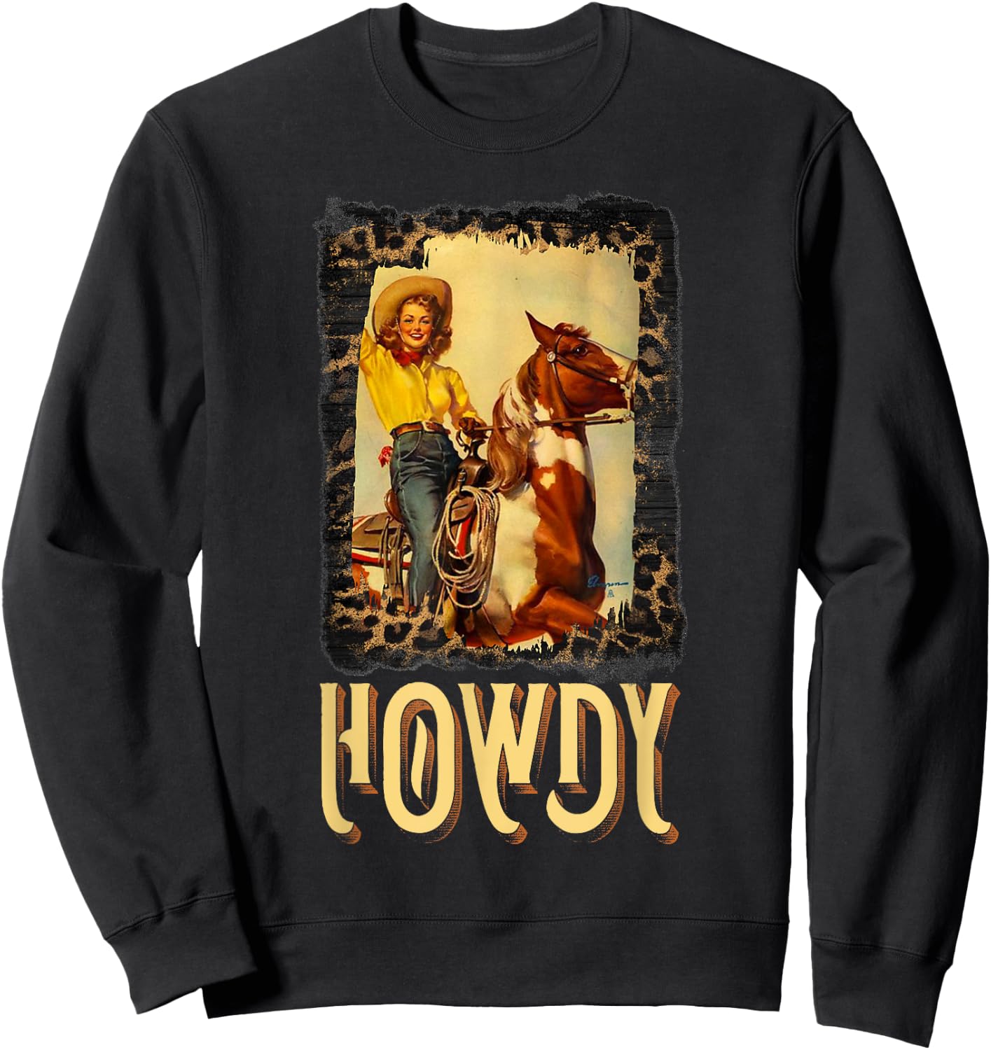 Howdy Vintage Rustic Rodeo Western Southern Cowgirl Portrait Sweatshirt - Sweatshirt | Black