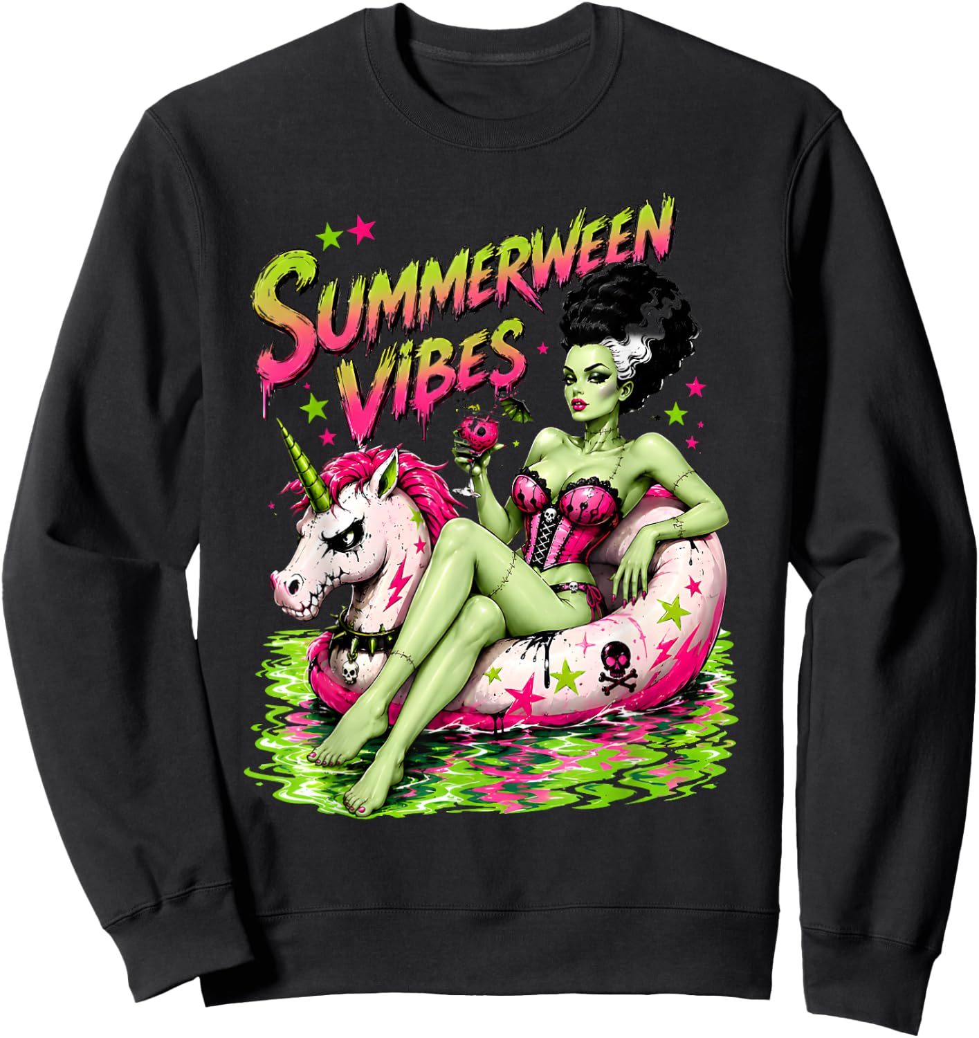 Summerween Spooky Summer Ghoul Beach Unicorn Halloween Sweatshirt - Sweatshirt | Black