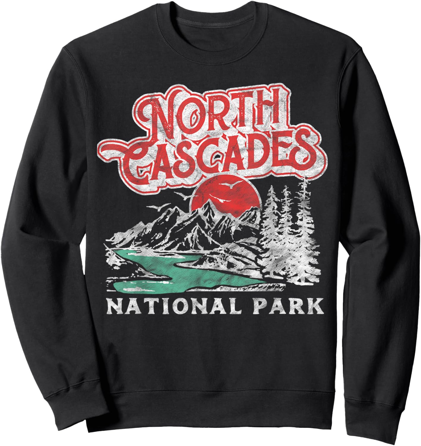 North Cascades National Park Retro 80's Mountains Distressed Sweatshirt - Sweatshirt | Black