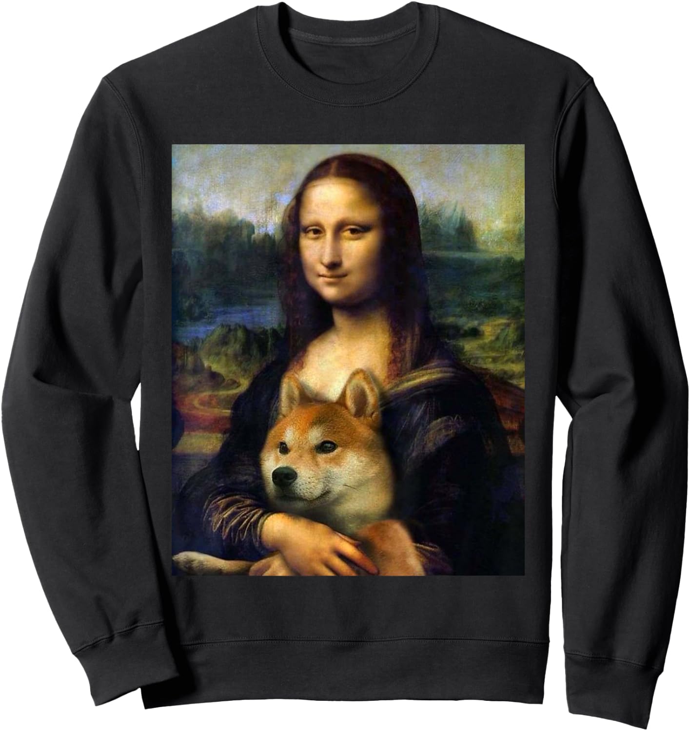 Mona Lisa da Vinci Print Shirt Mona Lisa with Shiba Inu Dog Sweatshirt - Sweatshirt | Black