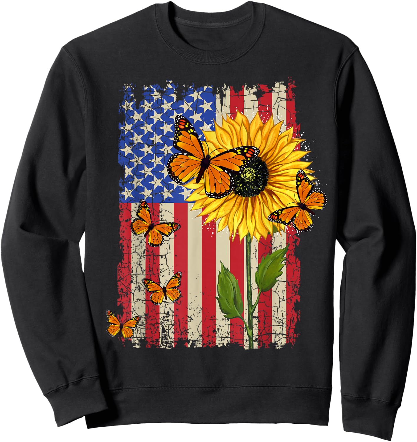 Sunflower Monarch Butterflies Patriotic American Flag Sweatshirt - Sweatshirt | Black
