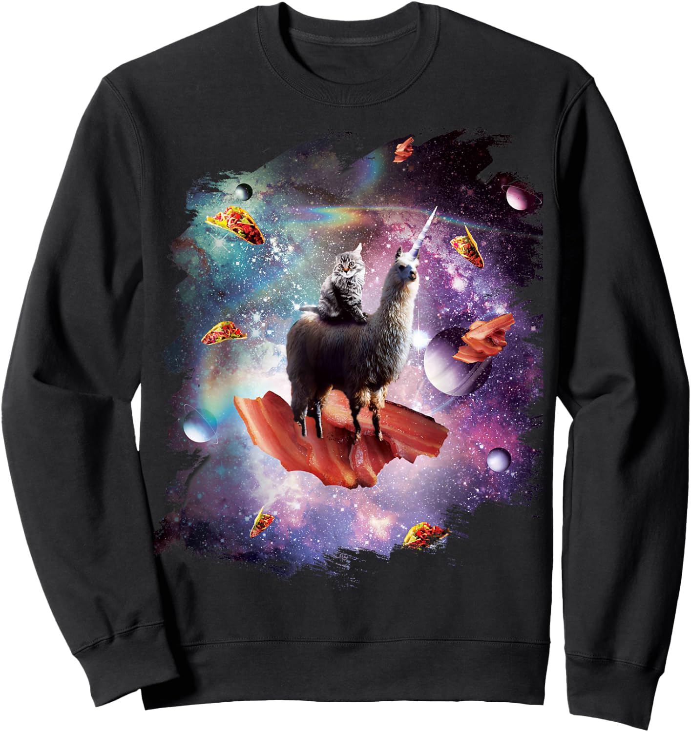 Space Cat Riding Llama Unicorn - Bacon Taco Men Women Girls Kids Sweatshirt - Sweatshirt | Black