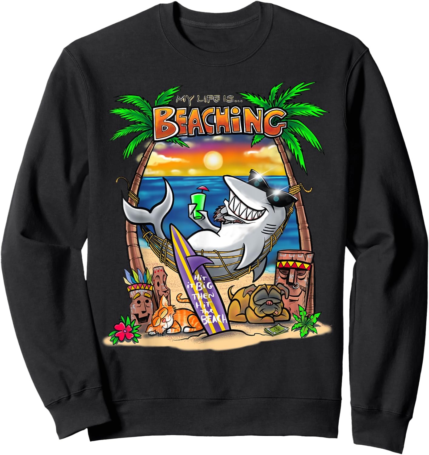 Beach Bum Tiki Shark Surfer T Shirt Sweatshirt - Sweatshirt | Black