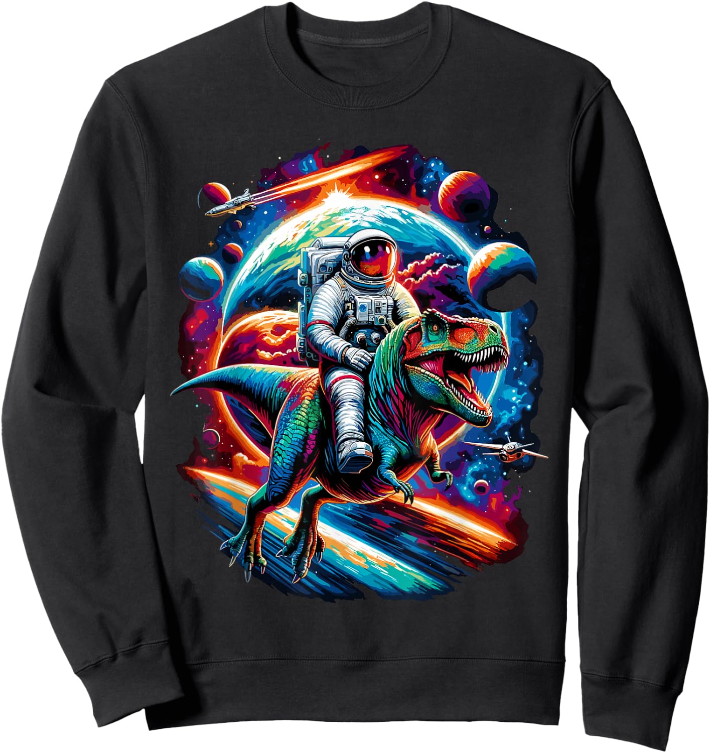 Astronaut Riding T-Rex Dinosaur Space Sweatshirt - Sweatshirt | Black