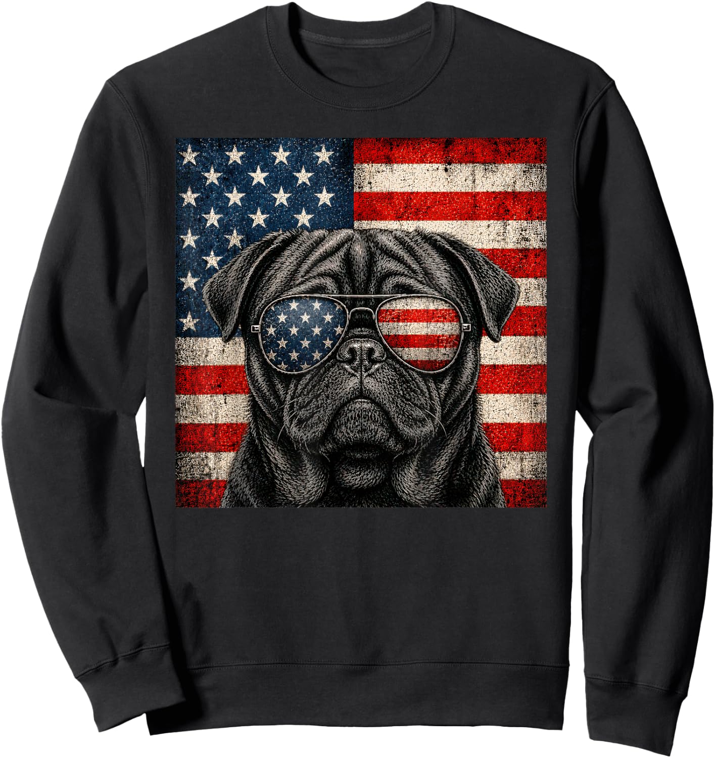 Black Pug 4th of July US American Flag Dog Patriotic Sweatshirt - Sweatshirt | Black